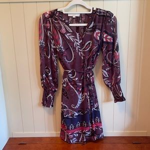 Loft purple tie dress with pink, navy and white designs